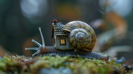 Caracol con una casa en su concha iluminada en un entorno natural, simbolizando la fantasía y la creatividad en la naturaleza