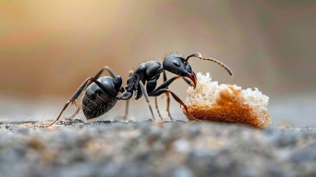 Primer plano macro de una hormiga negra cargando un trozo de pan, mostrando la laboriosidad y la vida de estos peque&ntilde;os insectos en su entorno natural