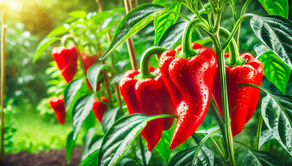 Sunlit pepper plants showcasing vibrant red  peppers.