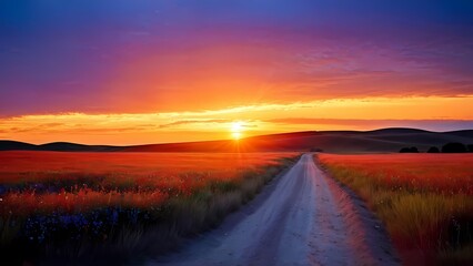 Serene countryside scene with unpaved road, wildflowers blowing on both sides, winding through vast fields under a vibrant sunset sky, peaceful rural landscape at golden hour.