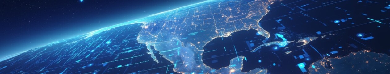 Obraz premium Digital Transformation of North America: A Vibrant Digital Mosaic Replacing Traditional Elements with Digital Infrastructure and Communication Networks.