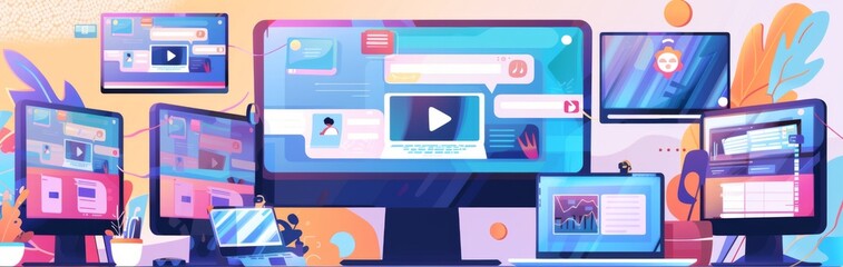 Digital Learning Network: An Interconnected Web of Devices and Screens Displaying Webinar Content for Modern Education