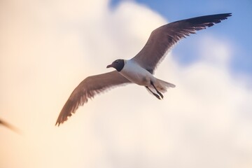 Black-headed gull in mid-flight against a backdrop of soft clouds and a blue sky.