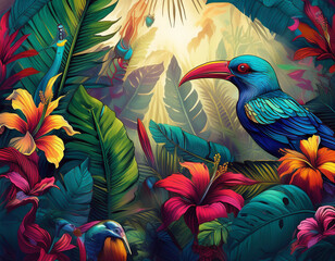 Fototapeta premium Tropical Garden Illustration with Banana Leaves, Hibiscus Flowers, and Colorful Birds