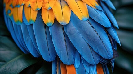 Obraz premium Vibrant Blue and Yellow Feather Texture Background with Close-Up Shot of Colorful Bird Feathers