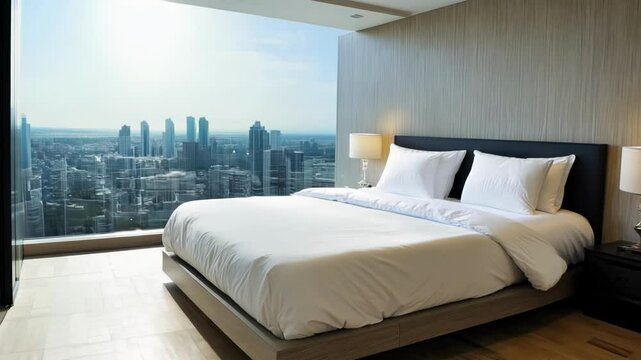 A minimalist bedroom with an oversized bed and a city view through the window.