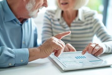 Senior couple reviewing financial data on a digital tablet in a home setting. Retirement planning, personal finance management, financial advice for seniors, technology for the elderly.