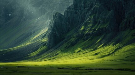 Fields of green beneath a mountain
