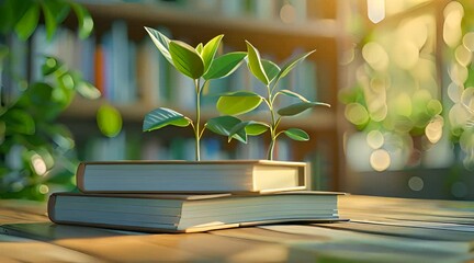 A small plant is growing on top of two books. The scene is peaceful and calming, with the plant adding a touch of nature to the space