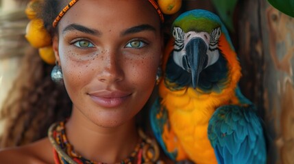 Naklejka premium Colorful African Style Portrait of Attractive Woman with Ara Parrot on Shoulder