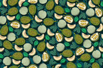 seamless pattern durian and melon vector drawing