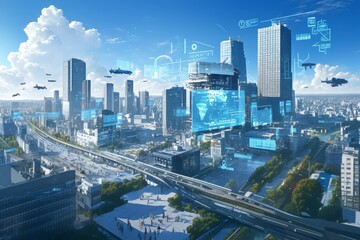 Fototapeta premium Digital Transformation of an American City, Traditional Urban Landscape Evolving with IoT Symbols and Data Visualization in a Dynamic Digital Render.