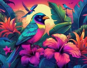Fototapeta premium Tropical Garden Illustration with Banana Leaves, Hibiscus Flowers, and Colorful Birds