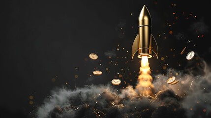 Obraz premium Golden Rocket Launching into the Future with Sparks and Coins