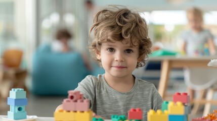 Cute young children playing wooden blocks to enhance development.