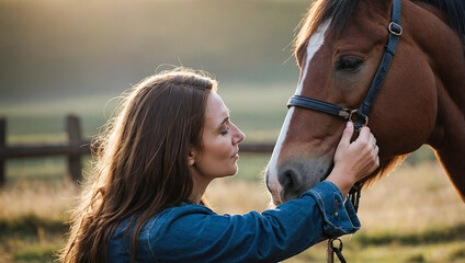 Woman gently caresses her horse's face, sharing a serene and affectionate moment in the soft glow of evening light.