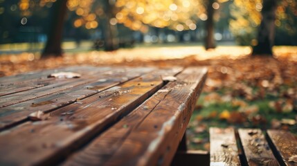 Fototapeta premium Close up of brown wooden table and bench
