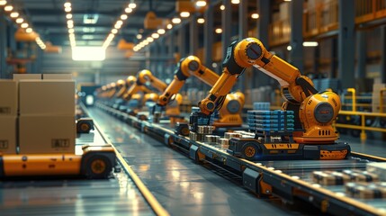 Fototapeta premium Futuristic Digital Warehouse with Robotic Arms Sorting Packages - 3D Render of Modern Transportation Management System, Generative Ai