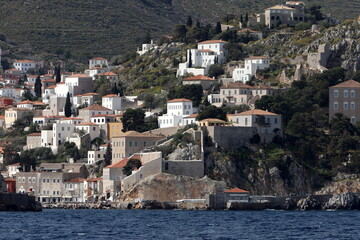 Fototapeta premium View from the deck of a steamship on a small island in the Aegean Sea.