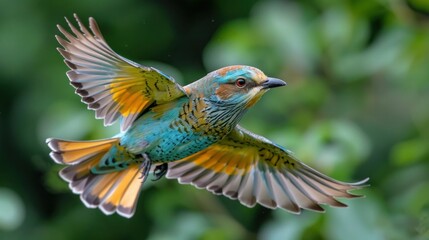 Obraz premium Flight of the Common Roller Coracias Garrulus in Bulgaria's May Skies