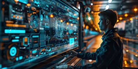 Futuristic Logistics Manager Monitoring Transportation Operations with 3D Holographic Interface, Generative Ai
