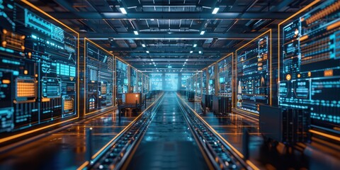 Fototapeta premium Futuristic AI-Driven Logistics Control Room Monitoring Global Shipments - 3D Render of Intelligent Transportation Management System, Generative Ai