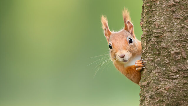 Ein neugieriges rotes Eichh&ouml;rnchen schaut hinter einem Baum hervor, unscharfer gr&uuml;ner Hintergrund mit viel Platz f&uuml;r Text