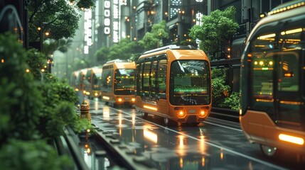 Obraz premium Sustainable Future: Fleet of Autonomous Electric Vehicles Revolutionizing Green Logistics in Smart City, 3D Render Illustration, Generative Ai