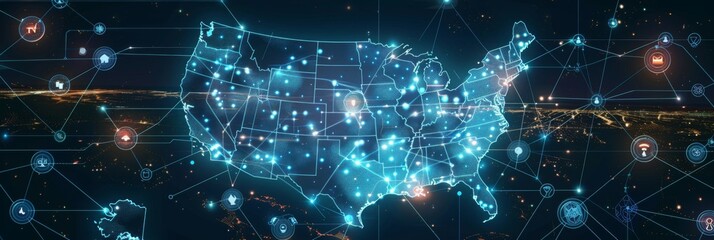 Naklejka premium Encrypted USA: A Data-Centric Map of the United States Highlighting Secure Digital Boundaries and Key Communication Routes with Cryptographic Data Symbols