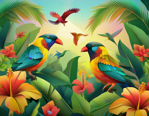 Tropical Garden Illustration with Banana Leaves, Hibiscus Flowers, and Colorful Birds