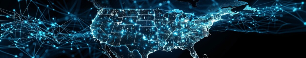 Fototapeta premium Encrypted USA: A Data-Centric Map of the United States Highlighting Secure Digital Boundaries and Key Communication Routes with Cryptographic Data Symbols