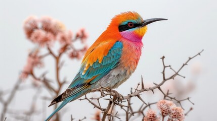 Obraz premium Bright Multicolored Southern Carmine Bee Eater Perched on Dry Tree Branch in Botswana's Savuti Area