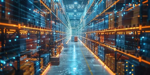 Futuristic AI-Managed Logistics Center with Real-Time Data Synchronization, 3D Render, and Efficient Supply Chain Management, Generative Ai