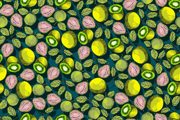 seamless pattern kiwi and guava vector drawing