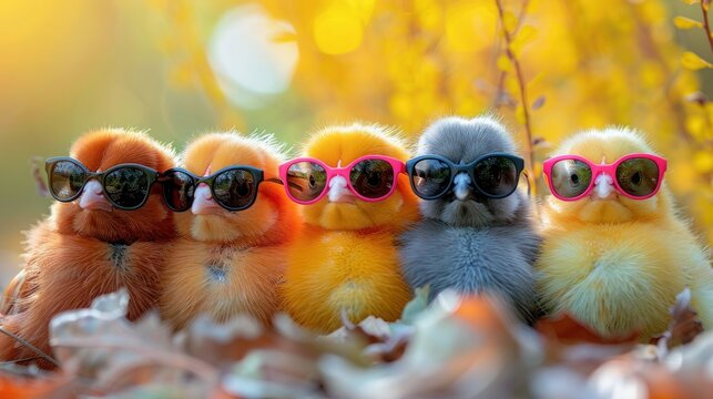 Sassy Chicks in Shades: A Playful Group of Chickens with Sunglasses