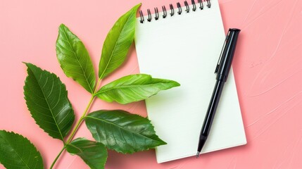 Vibrant leaf on notebook with pen against pink backdrop for messages and greetings