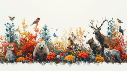 Wildlife and Nature: A Colorful and Detailed Image of Various Animals and Plants Including Bird, Fish, Deer, Cat, Dog, and Bear