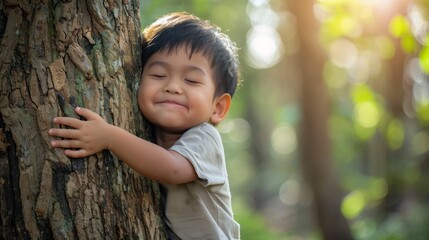 Happy child closed his eyes and hugging a tree trunk in the forest