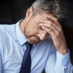 Business, stress and man with headache, tired and burnout with mistake, workflow crisis and...