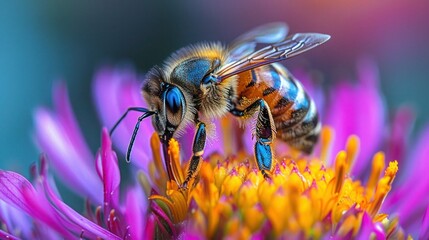 Vibrant Bloom Buzzing with Life: Macro Shot of Big Bee on Colorful Flower