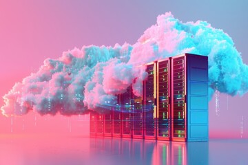 computer server room with a large cloud on the wall