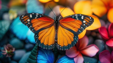 Tropical Morpho Butterflies in Rainbow Colors on Bright Background - Colorful Concept