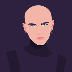 The face of a young bold and bully man on a dark background. Vector flat Illustration