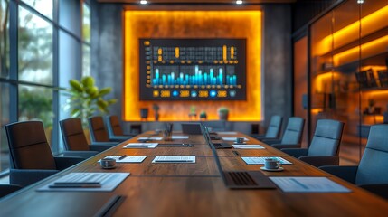 laptop computer on table at office with nobody, graph chart and statistic program running on screen	
