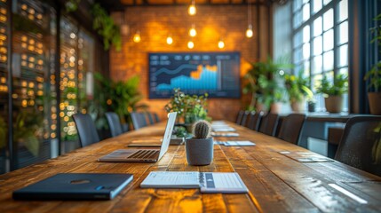 laptop computer on table at office with nobody, graph chart and statistic program running on screen	
