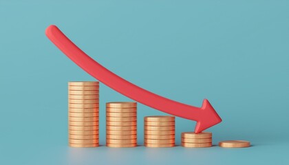 Illustration of a declining graph represented by coins and a downward arrow, symbolizing financial loss or decrease.