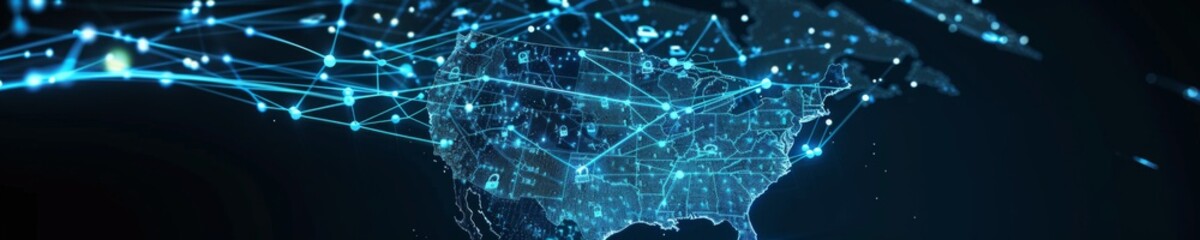 Obraz premium Secured Grid of American Cybersecurity: A Digital Map of the United States with Locks Highlighting Fortified Communication Nodes and Resilient Network Security
