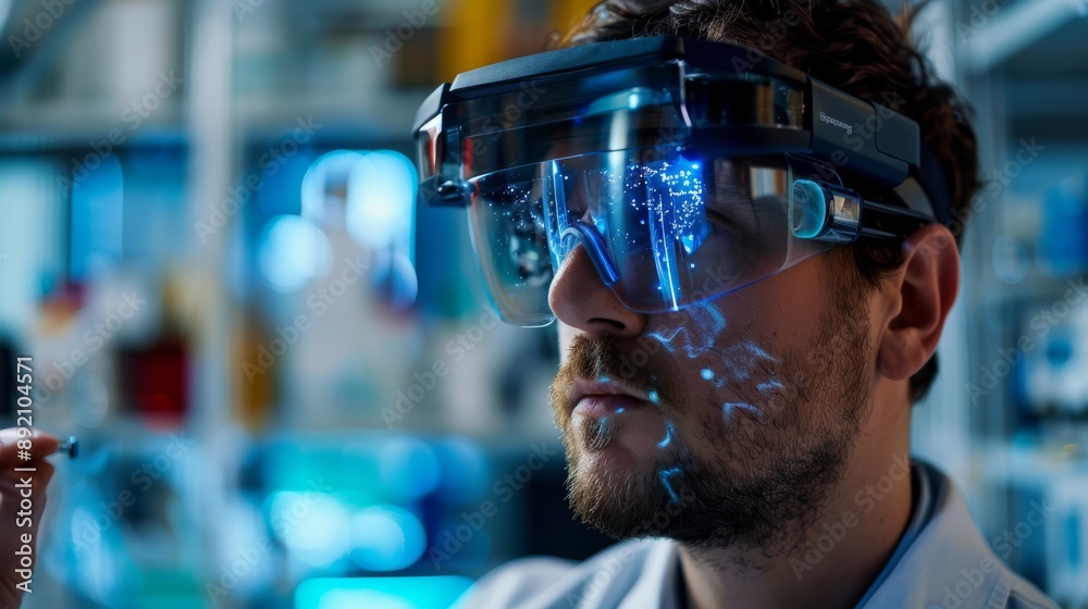 Poster Engineer testing an advanced optical head-mounted display with holograms in a lab setting