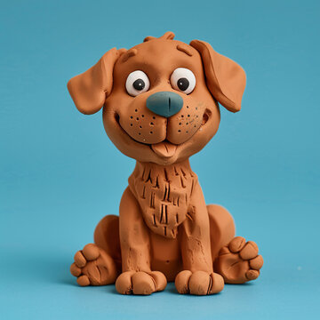 Cute brown dog isolated on blue background, funny cartoon character, play dough, clay plasticine style, animal shelter or shop concept, banner with copy space