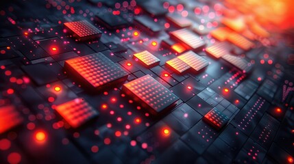 Futuristic digital circuit board with glowing red lights and microchips, representing advanced technology and innovation.